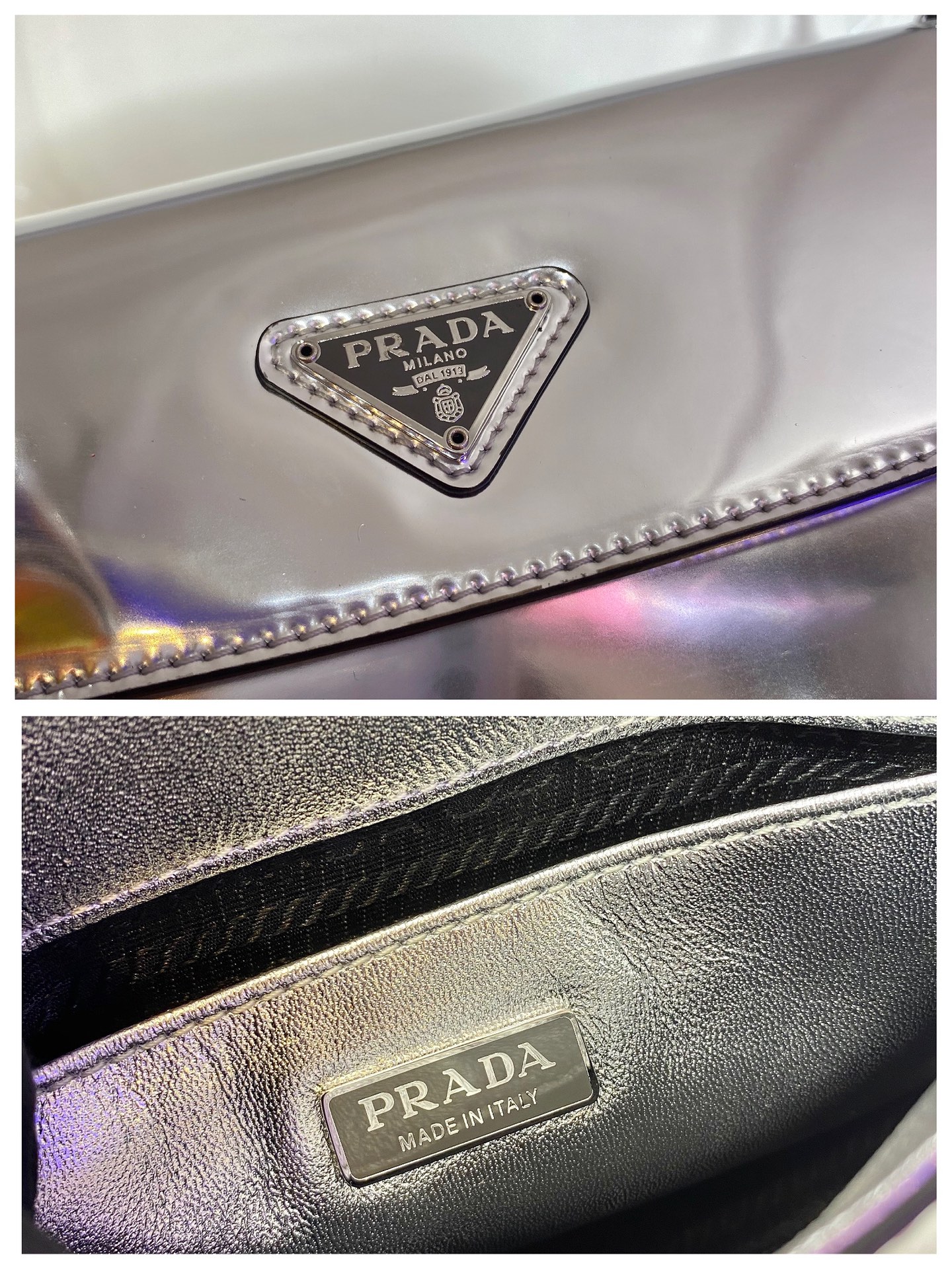 Prada Cleo Brushed Leather Shoulder Bag With Flap Silver 1BD311